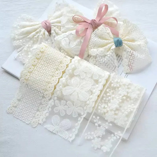 2 Yards Beige Mesh Gauze Bow Embroidery Lace Fabric Sewing DIY Wedding Decoration Gift Package Trim Headdress Accessories Crafts
