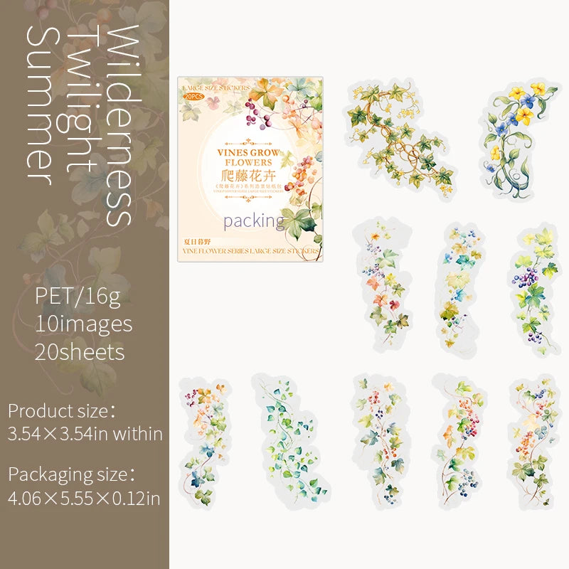 20 pcs/pack Spring Vine flowe Stickers aesthetic Stick Labels Decorative Diary Album Scrapbooking material Junk Journal Supplies