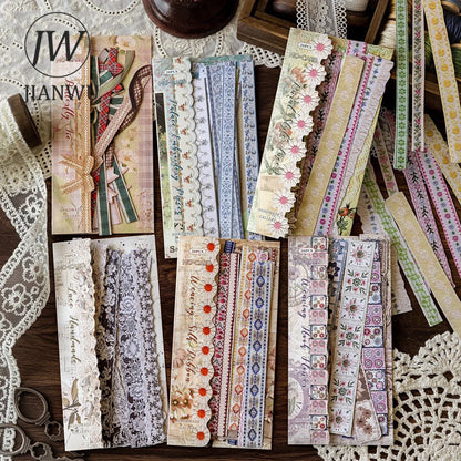 JIANWU Handmade Gallery Series Vintage Lace Flower Bow Landscape Material Collage Strip Sticker Creative DIY Journal Stationery