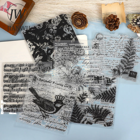 JIANWU Vintage Leaves Bird Flower Music Score Landscape Material Collage Transparent Silicone Stamp Creative Journal Stationery