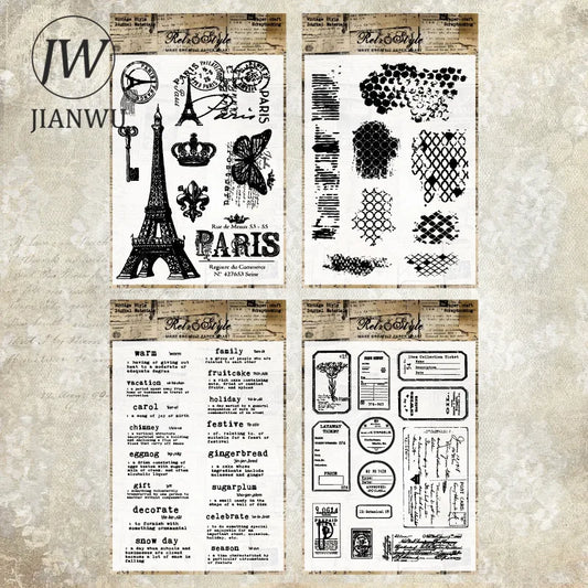 JIANWU Vintage English Text Label Material Collage Transparent Silicone Stamp Creative DIY Journal Student Supplies Stationery