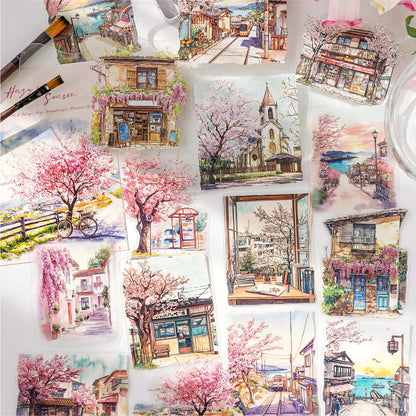 JIANQI 15pcs Urban Landscape PET Stickers Scrapbooking Materials DIY Junk Journal Collage Collage language Decor Stickers