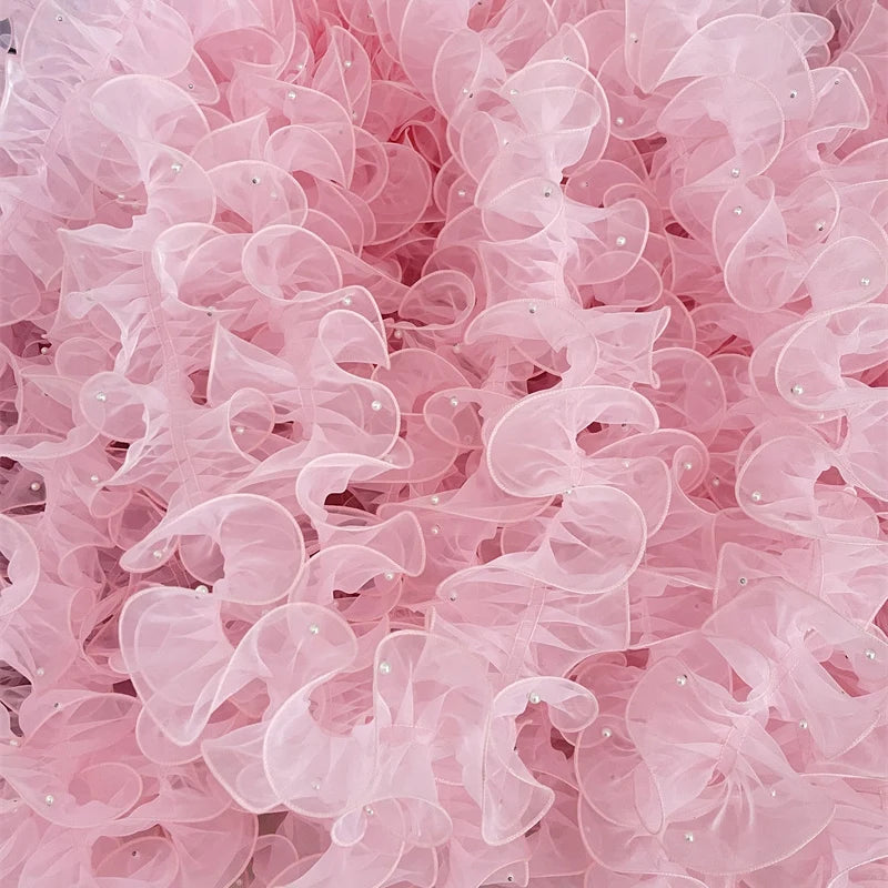 1 Yard Pink White Blue WavesPleated Lace Trims Ribbon Fabric Applique Fold Ruffle with Beads DIY Sewing Supplies Craft