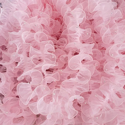 1 Yard Pink White Blue WavesPleated Lace Trims Ribbon Fabric Applique Fold Ruffle with Beads DIY Sewing Supplies Craft