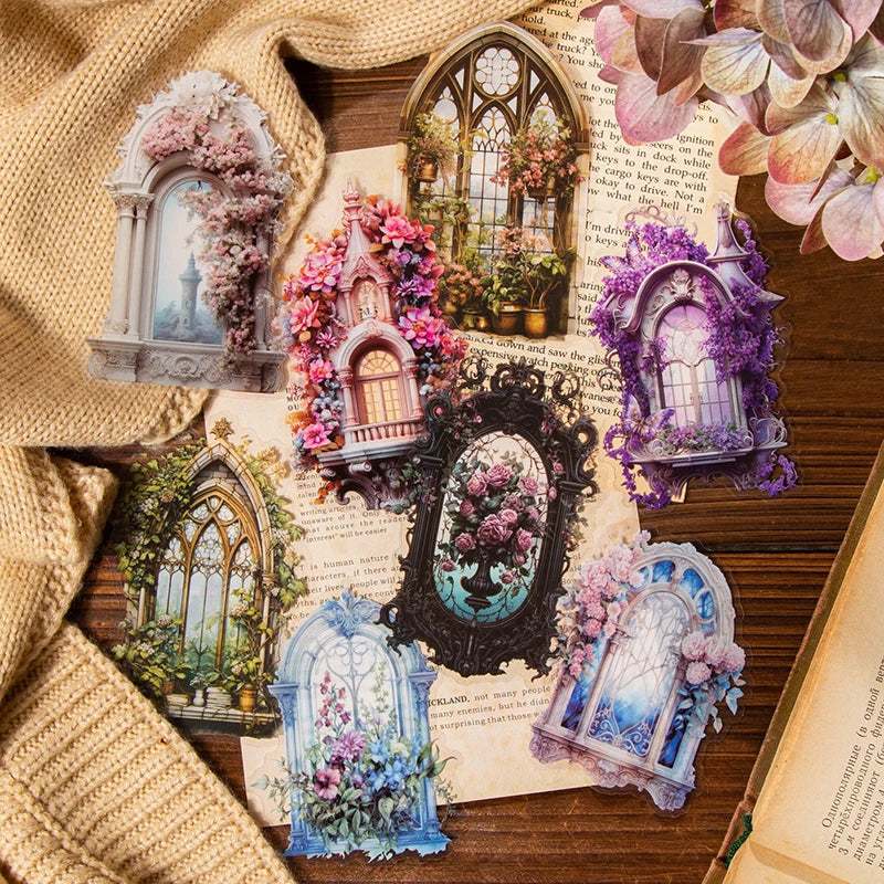 JIANQI 10pcs/pack Flowers Window Sticker PET Materials Collage Junk Journal DIY Scrapbooking Supplies Aesthetics Decor Sticker