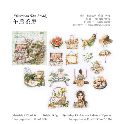 JIANQI 30pcs/pack INS Girls leisure life  Stickers PET Materials Collage Stationery Decor Diary DIY Scrapbooking supplies