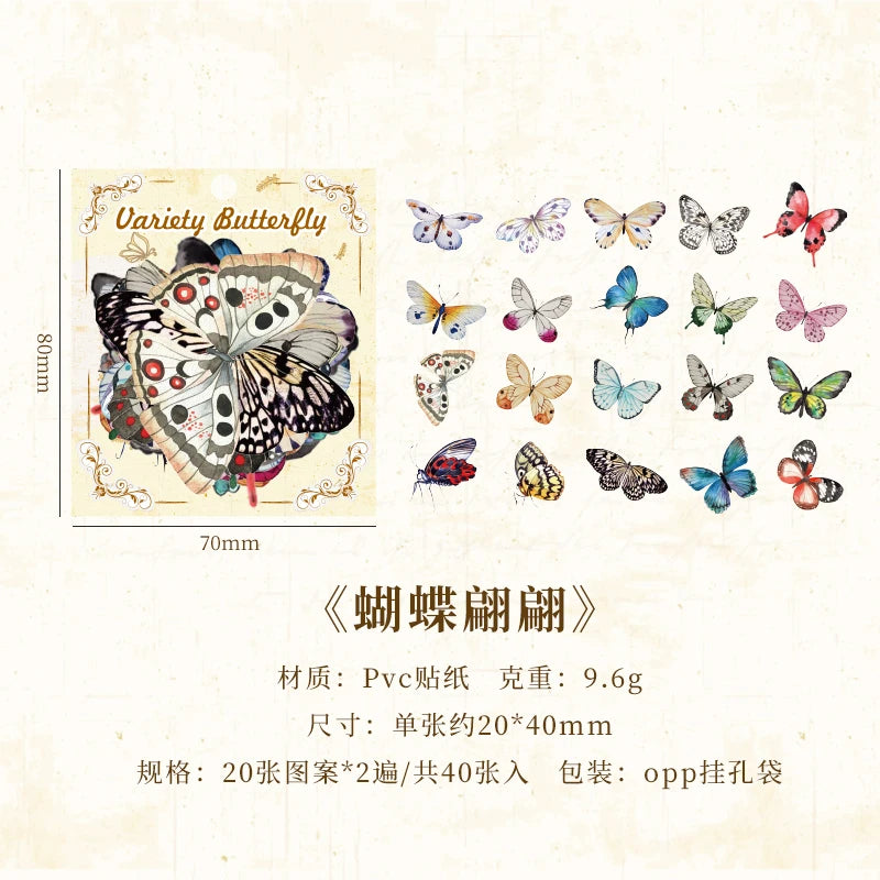 JIANQI 40pcs Color Butterfly Decorative Waterproof Stickers Material Sticker Scrapbooking Label Diary Cup Phone Journal Planner