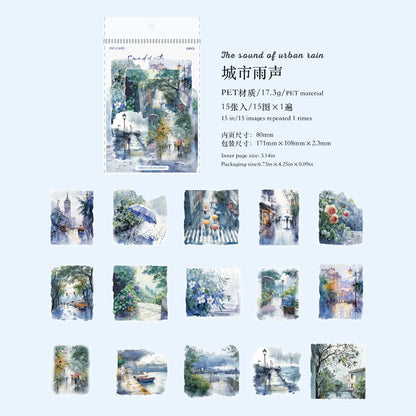 JIANQI 15pcs Urban Landscape PET Stickers Scrapbooking Materials DIY Junk Journal Collage Collage language Decor Stickers