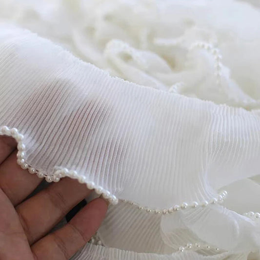 1 Yard Embroidery Lace Fabric  White Black Flower Pearl Beads Trim Ribbon DIY Clothing Home Elastic Sewing Ruffle Applique Craft
