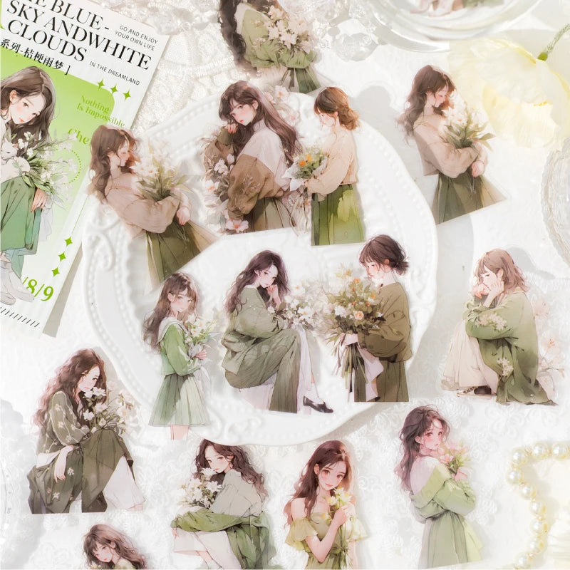 JIANQI 30pcs/pack PET Stickers Exquisite Girl Creative Waterproof Adhesive DIY Hand Made Collage Junk Journal Sticker Supplies