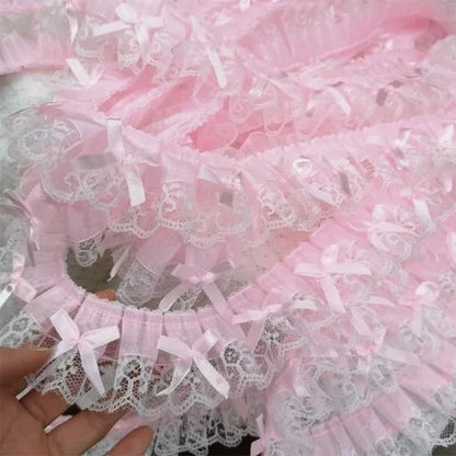 1Yard Pink Ruffle Wave Bow Embroidery Lace Fabric Trim DIY Clothing Wedding Home Gift Decoration Handmade Sewing Crafts Supplies