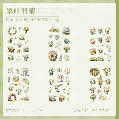 JIANQI 6 Sheets Flowers Stickers Die cutting PET Material DIY Scrapbooking Art Collage Stationery Planner Decor Diary Stickers