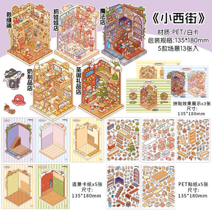 JIANQI 5in1 13Pcs 2.5D Landscape Sticker Cartoon Cabin Scene DIY Sticker Stacking Pasting Festival Birthday Gift for Kid Child