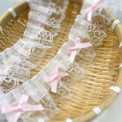 1 Yard White Pink Delicate Bow Ruffle Embroidery Lace Fabrics For Clothing Gift Home Accessory Handmade Sewing Trim Crafts