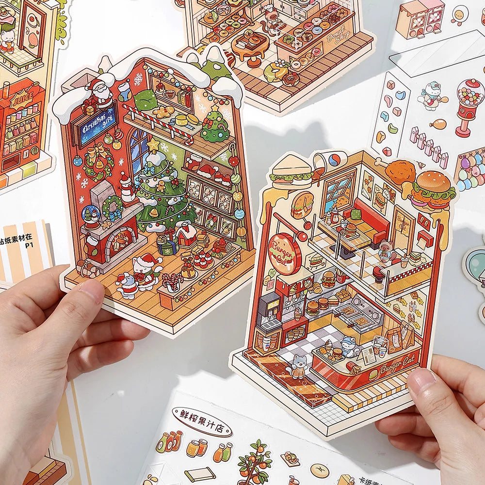 JIANQI 5in1 13Pcs 2.5D Landscape Sticker Cartoon Cabin Scene DIY Sticker Stacking Pasting Festival Birthday Gift for Kid Child