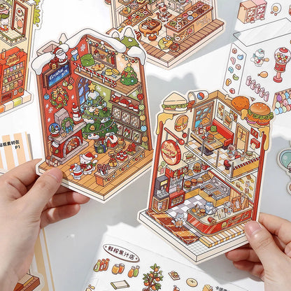 JIANQI 5in1 13Pcs 2.5D Landscape Sticker Cartoon Cabin Scene DIY Sticker Stacking Pasting Festival Birthday Gift for Kid Child