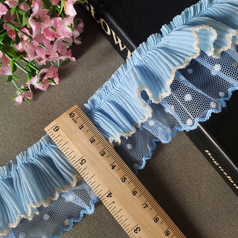 1Yard Blue Pleated Chiffon Lace Fabric DIY Ribbon Sewing Accessories 5cm Wide