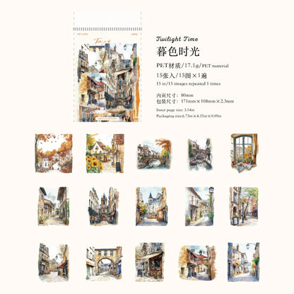 JIANQI 15pcs Urban Landscape PET Stickers Scrapbooking Materials DIY Junk Journal Collage Collage language Decor Stickers
