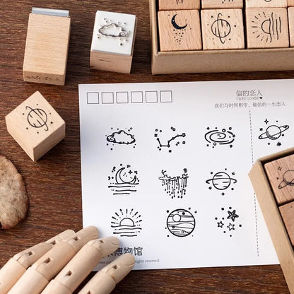 JIANQI16 pcs Moon Planet Star Weather Wooden Rubber Stamp Scrapbooking Deco DIY Craft Standard Wooden Stamps Set