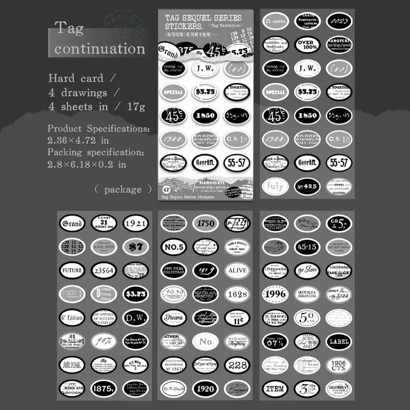 JIANQI 4pcs/pack Retro label alphanumeric Stickers DIY Scrapbooking Art Collage Stationery Planner Decor Diary Sticker