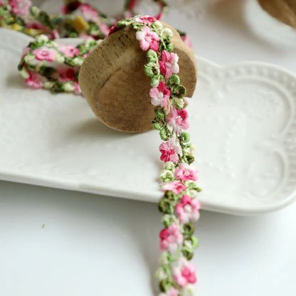 1Yard Pink Green Lace Trim Craft Flower Lace Fabric Venise Floral Embroidered Applique Decorated Lace Ribbon 2CM Wide