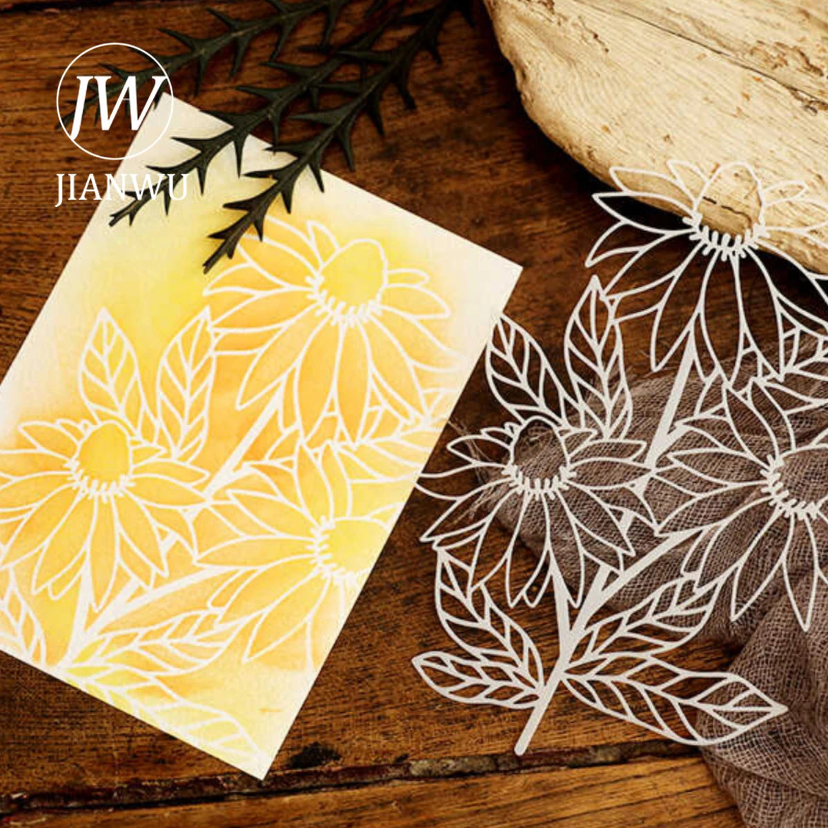 JIANWU Vintage Hollow Plant Flower Material Carved Plastic Plate Stencils Creative DIY Junk Journal Student Supplies Stationery