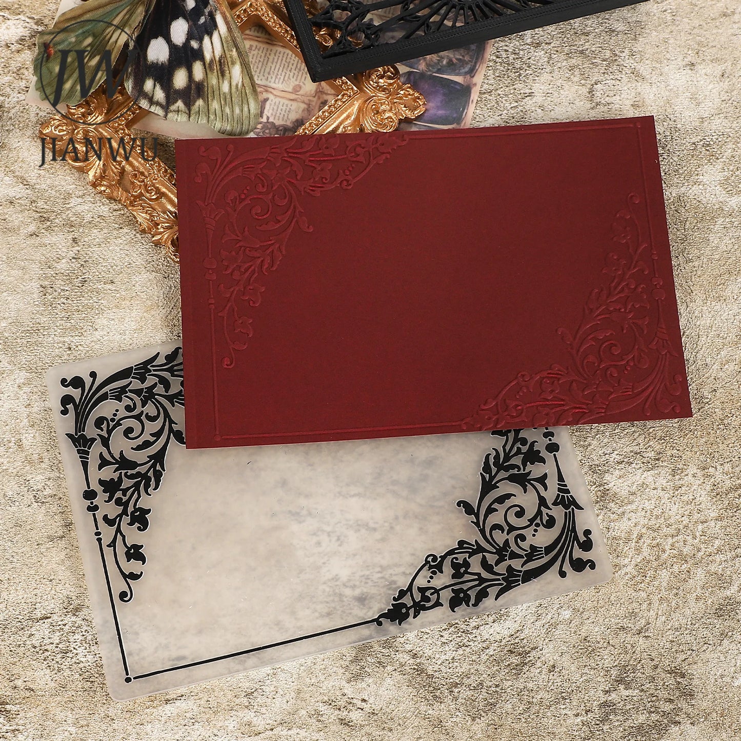 JIANWU Vintage Lace Flower Border Landscape material collage Plastic Embossed Concave Convex Plate Creative  Journal Stationery