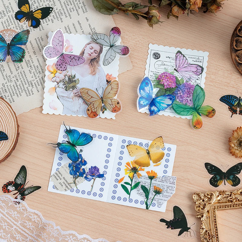 JIANQI 40pcs Color Butterfly Decorative Waterproof Stickers Material Sticker Scrapbooking Label Diary Cup Phone Journal Planner
