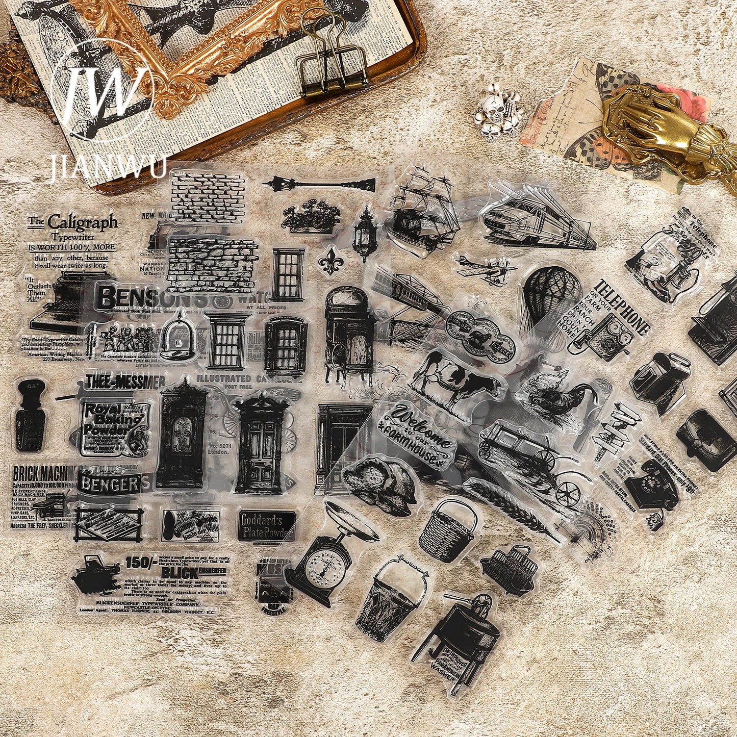 JIANWU Vintage Door Window Hot Air Balloon Material Collage Landscape Transparent Silicone Stamp Creative DIY Journal Stationery