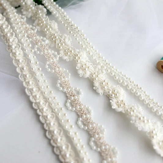 1Yard White Pearl Beads Tape fabric Trim Ribbons for DIY Sewing Garments Handmade Clothing Accessories