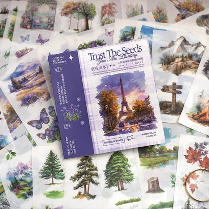 JIANQI 50pcs/book Light Retro Floral Plant Stickers Beautiful scenery Theme Double Material Handbook Backing Decal Stationery