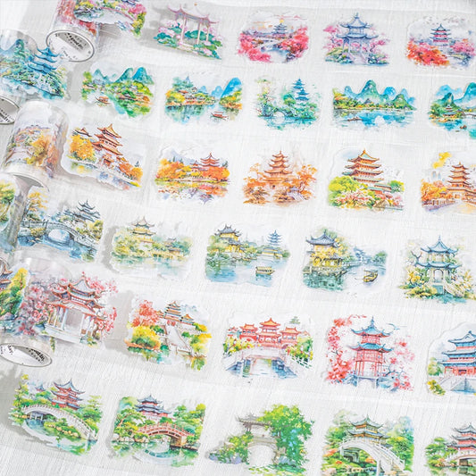 JIANQI 60mm*2m Chinese style courtyard PET Tapes Creativity Hand Account Adhesive hand made Diy Junk Journal Scrapbook Supplies
