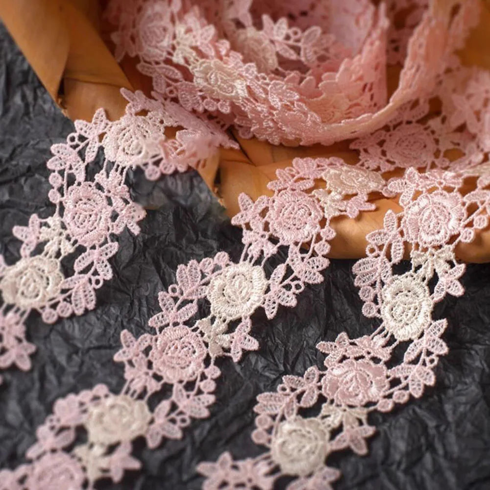 1 Yard Pink Embroidered Lace Ribbon Water Soluble Fabric DIY Garment Accessories Lace Trim Sewing Craft 3.5cm Wide
