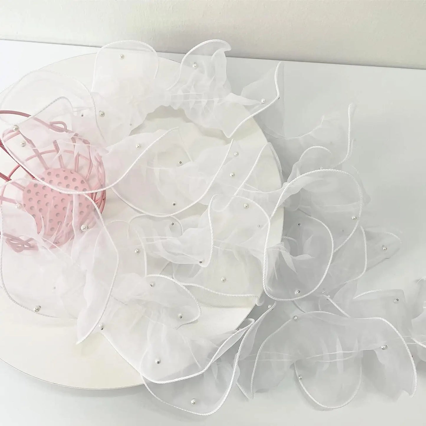1 Yard Pink White Blue WavesPleated Lace Trims Ribbon Fabric Applique Fold Ruffle with Beads DIY Sewing Supplies Craft
