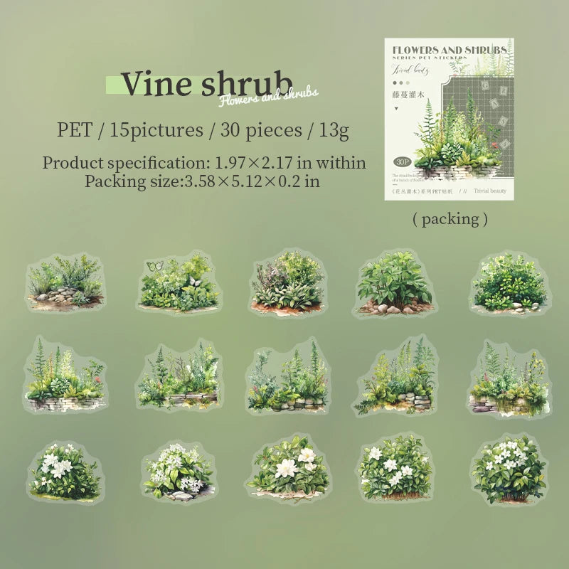 JIANQI 30pcs/pack PET Stickers Flowers and shrubs Decor Junk Journal DIY Srapbooking Creative Stationery Collage Photo Album