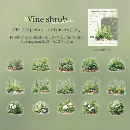 JIANQI 30pcs/pack PET Stickers Flowers and shrubs Decor Junk Journal DIY Srapbooking Creative Stationery Collage Photo Album