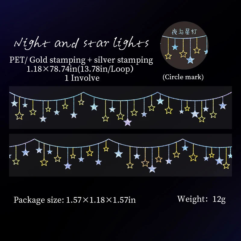 JIANQI 30mm*2m PET Tapes Sparkling Stars DIY Scrapbooking Decor Photo Album Collage Junk Journal Materials Aesthetics Tapes