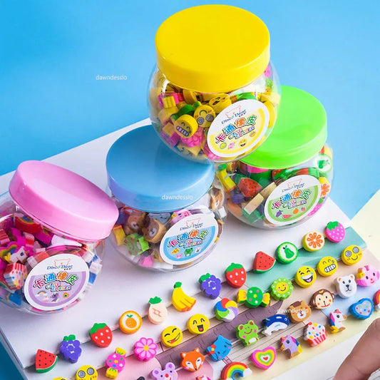 50pcs Cute Rubber Eraser Creative Animal Fruit Pencil Erasers Mini Kawaii Kids Writing Student Stationery Correction Supplies