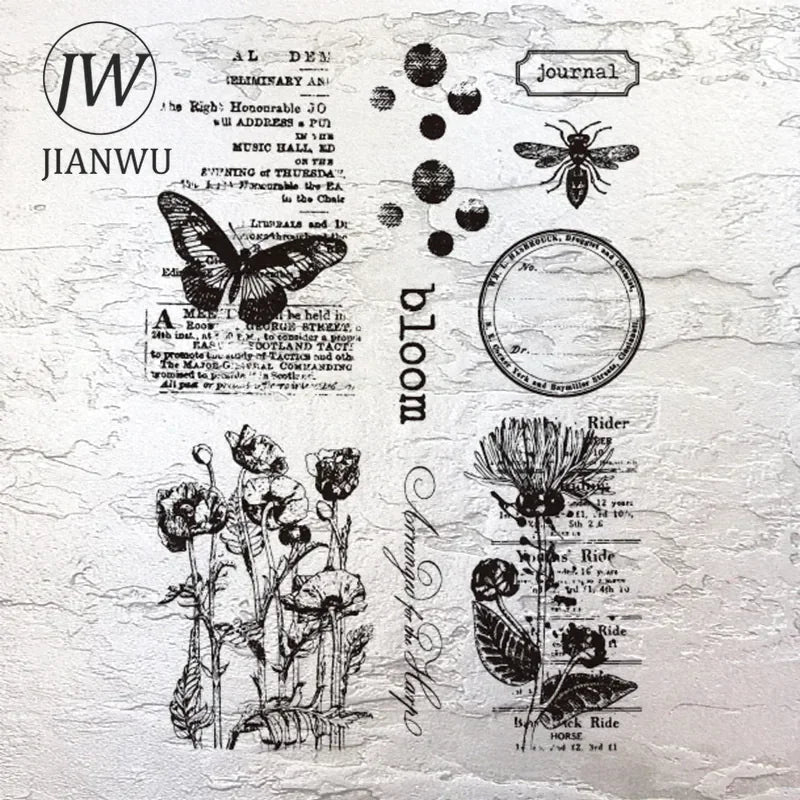 JIANWU Vintage Plant Butterfly English Text Material Collage Transparent Silicone Stamp Creative DIY Student Supplies Stationery