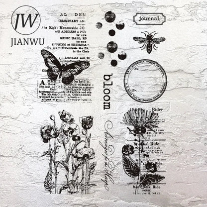JIANWU Vintage Plant Butterfly English Text Material Collage Transparent Silicone Stamp Creative DIY Student Supplies Stationery