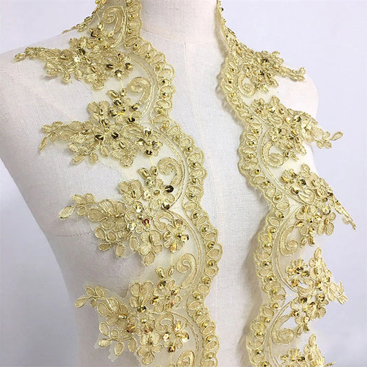 1Yard Gold Lace Embroidery Fabric Dress With Sequin Border DIY Clothing Accessories 12cm Wide