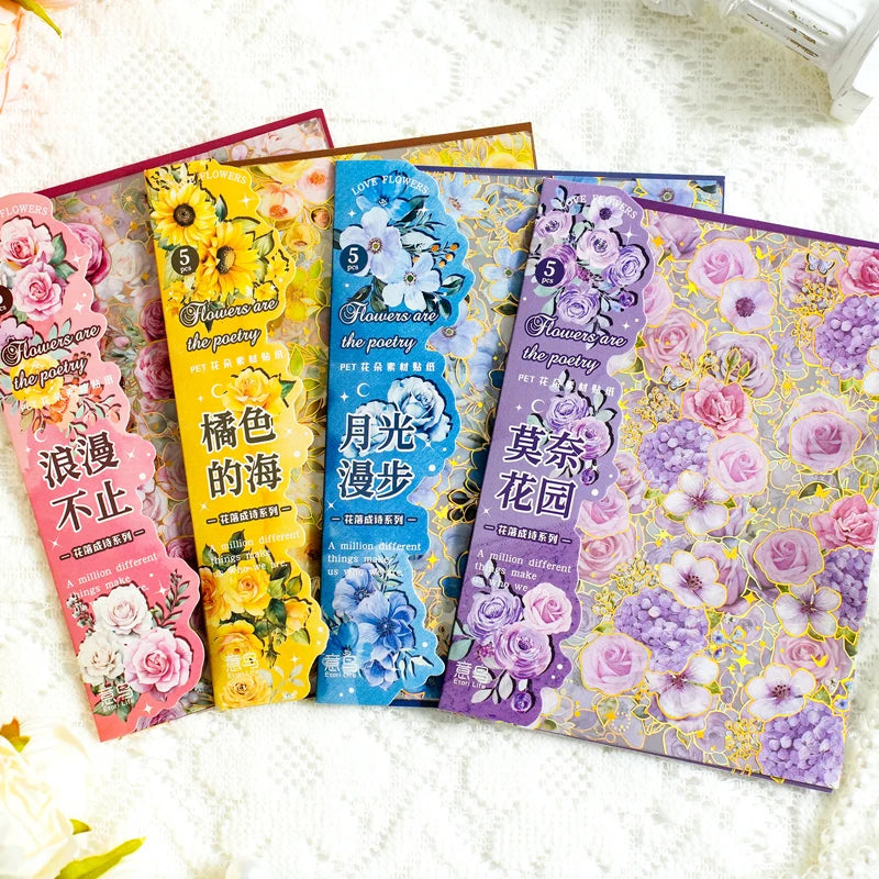 JIANQI 5 Sheets PET Flowers Stickers INS Decorative handmade Scrapbooking Material Diary Album Craft Supplies