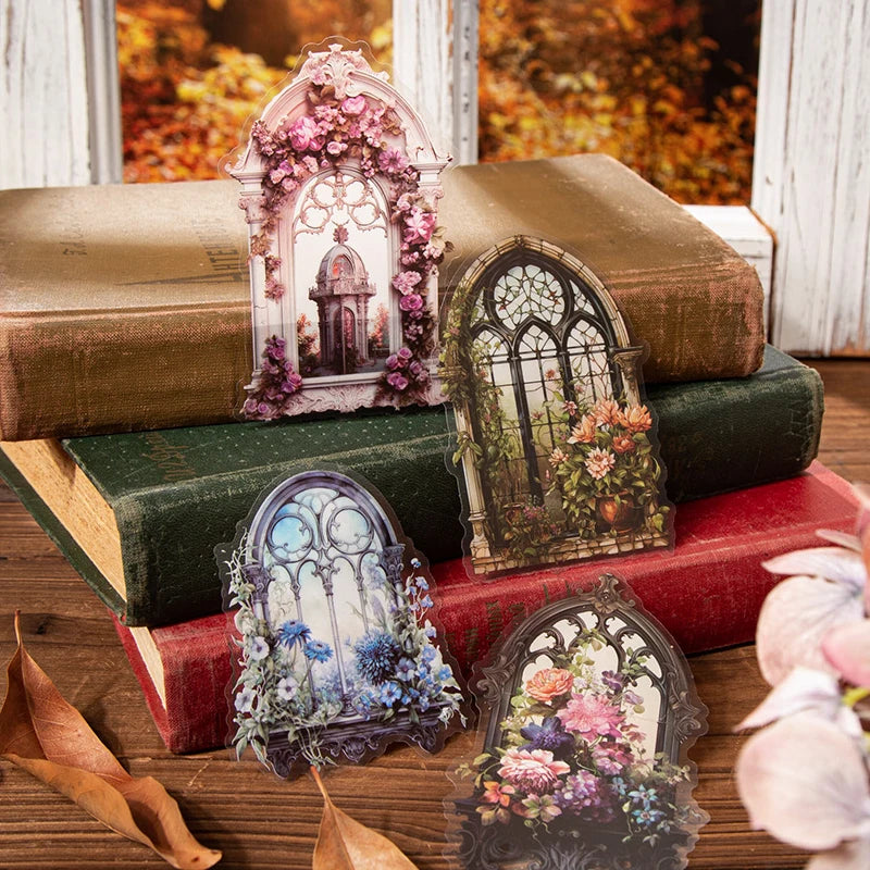 JIANQI 10pcs/pack Flowers Window Sticker PET Materials Collage Junk Journal DIY Scrapbooking Supplies Aesthetics Decor Sticker