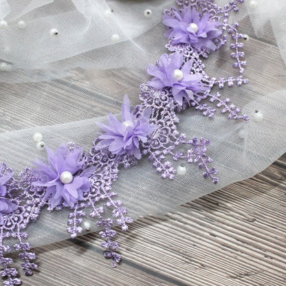 1 Yard Multi-Color Exquisite Rose Lace Fabrics Flower Pearl Wedding Party Decoration Sewing Lace Ribbon DIY Craft 8.5CM Wide