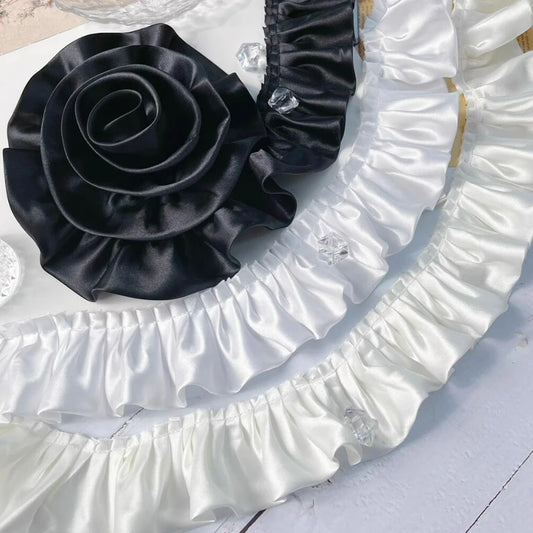 1Yard Glitter Satin Pleated Lace Fabirc Embroidered Ribbon Ruffle Trim Dolls Collar DIY 6cm WideSewing Decor