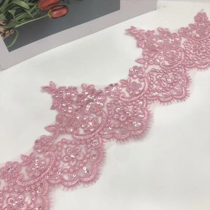 1Yard Sequins Eyelash Car Bone Lace White Lace Fabric Wedding Dress Accessories 14CM Wide
