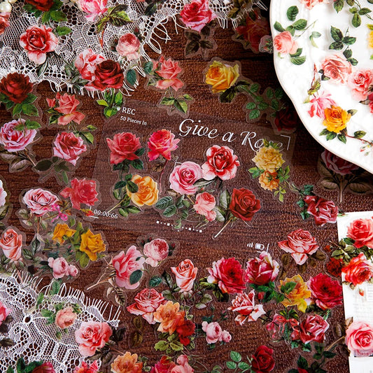 100 pcs Vintage Daisy Tulip Rose flower Stickers aesthetic Creativity Decorative Scrapbooking Material Junk Journal Supplies