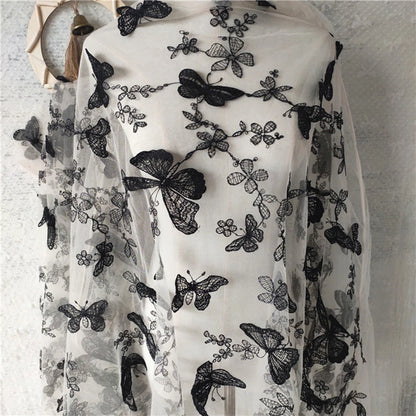 1 Yard Black and White Butterfly Flower Embroidery Lace Chiffon Fabric Clothing Wedding Dress DIY Craft Decoration 150CM