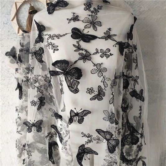 1 Yard Black and White Butterfly Flower Embroidery Lace Chiffon Fabric Clothing Wedding Dress DIY Craft Decoration 150CM