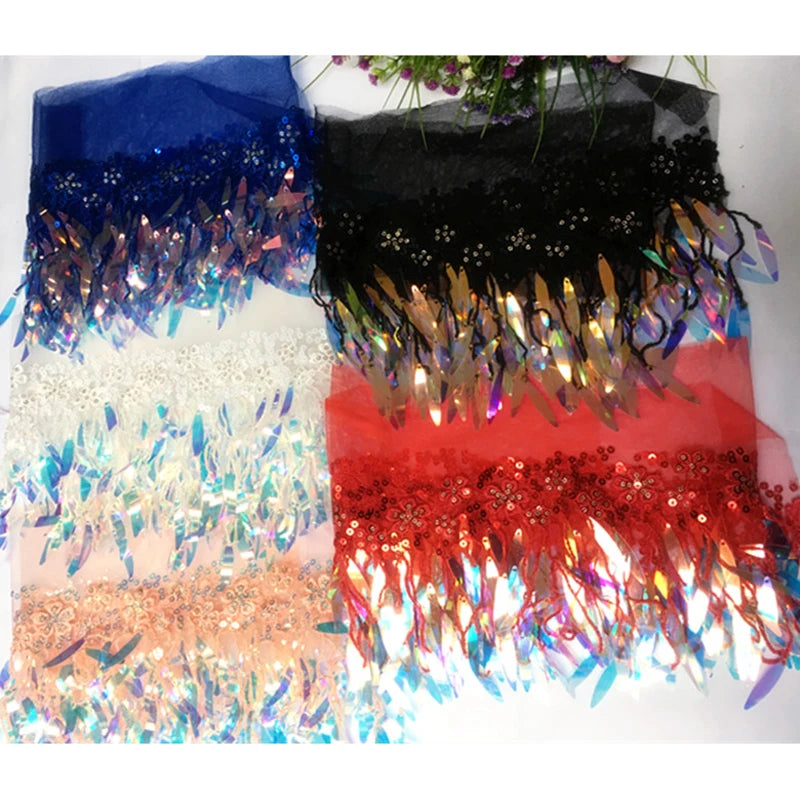 1Yard Sequins Tassels Farbic Fringe Ribbon Garment Wedding Dress Bag Curtain DIY Sewing Supplies Accessories 12CM Wide